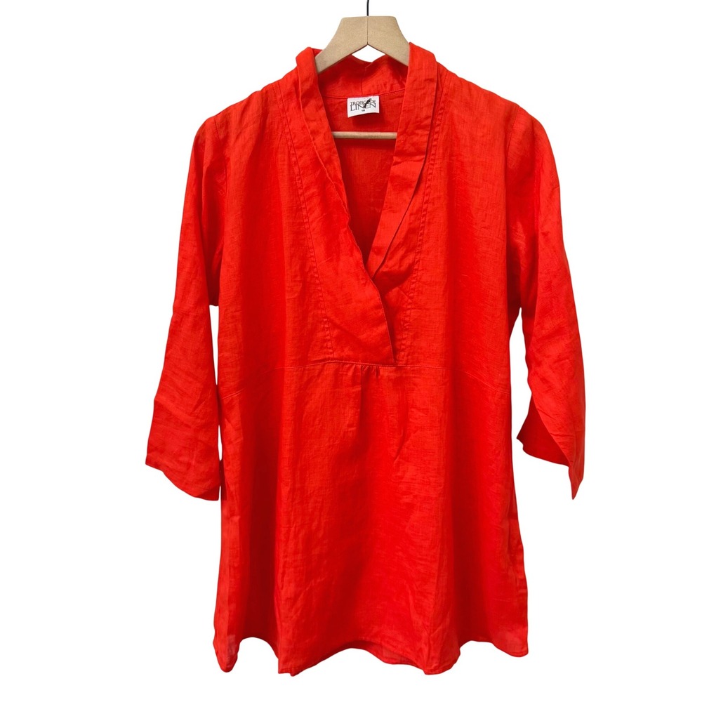 Tropic of Linen Tunic Top 18 Coral 100% Linen 3/4 Sleeve V-Neck Coastal Tunic